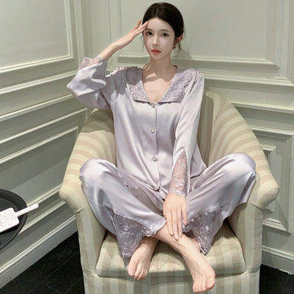 A Ice and snow pajamas women's French lapel lace cardigan long-sleeved trousers set summer spring and autumn loungewear