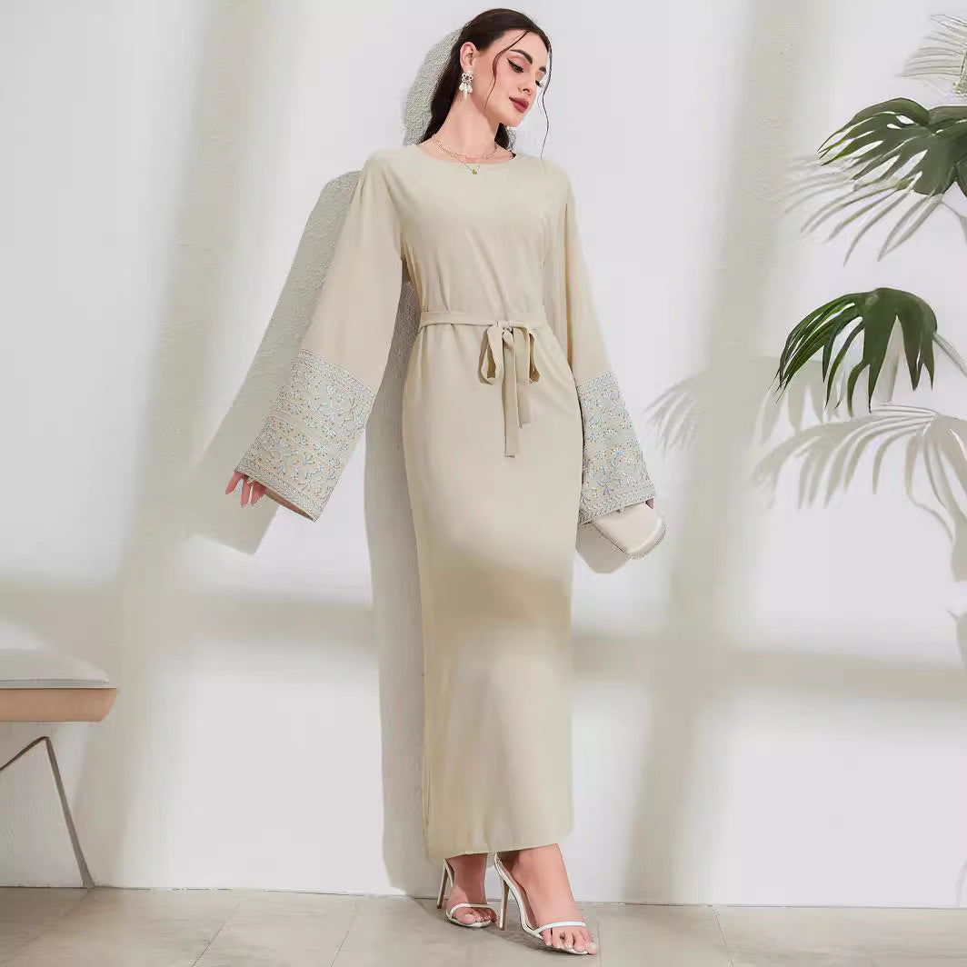 Middle Eastern Muslim Fashion Elegant Cardigan Embroidered Belt Dress Pocket Robe - Mixbatch