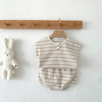 A children's clothing stock INS baby striped waffle set summer short sleeve shorts set for men and women - Mixbatch