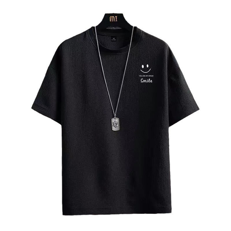 A Summer solid color ice silk short-sleeved t-shirt loose casual versatile t-shirt trendy clothes men's solid color printing - Mixbatch