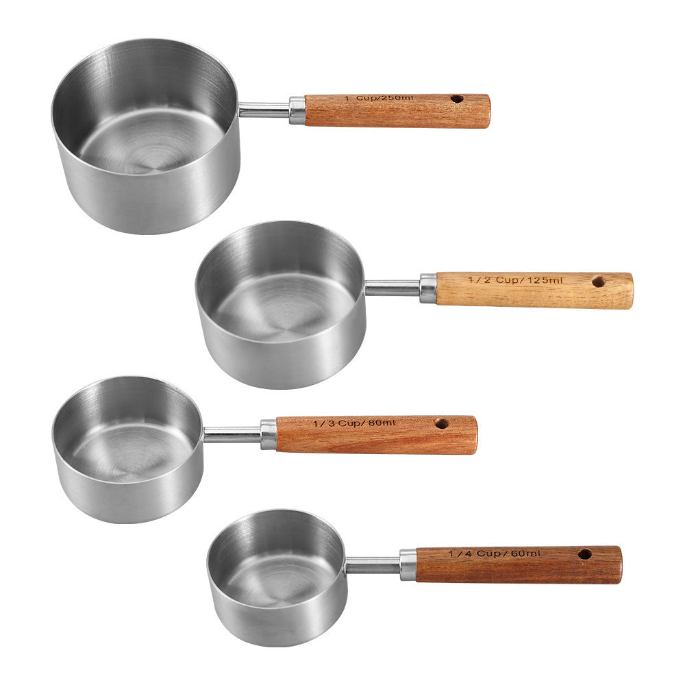 A Stainless steel measuring cup measuring spoon Acacia wooden handle baking tool