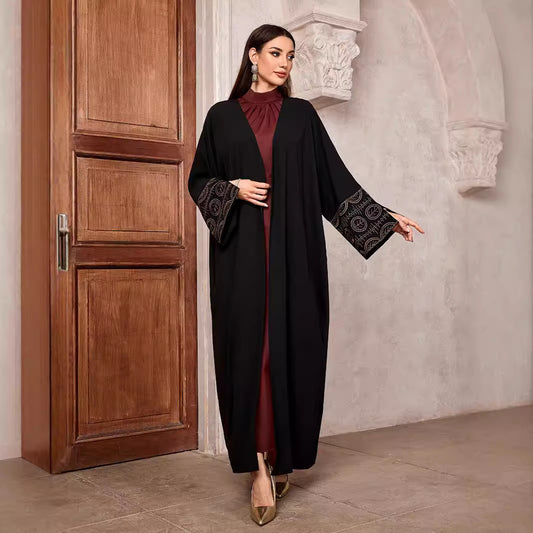 Middle Eastern Muslim Fashion Temperament Elegant Embroidered Cardigan Dubai Arabian Robe Bat Sleeve Split Black - Mixbatch