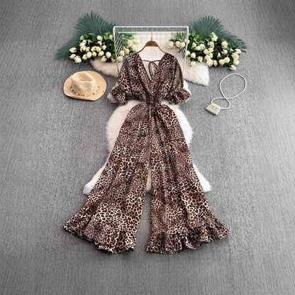 A European and American style sexy V-neck short-sleeved waist and thin leopard print jumpsuit temperament ruffle edge wide-leg pants