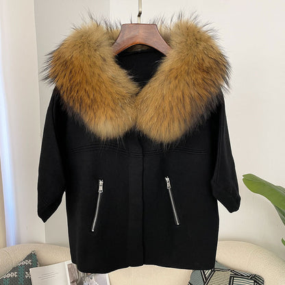A autumn and winter new women's short knitted sweater real fox fur collar fashion bat sleeve cardigan jacket Korean version loose