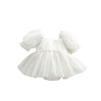 A Baby spring and summer puff sleeve bag fart clothes, baby girl big bow mesh skirt, newborn year-old princess crawling clothes - Mixbatch