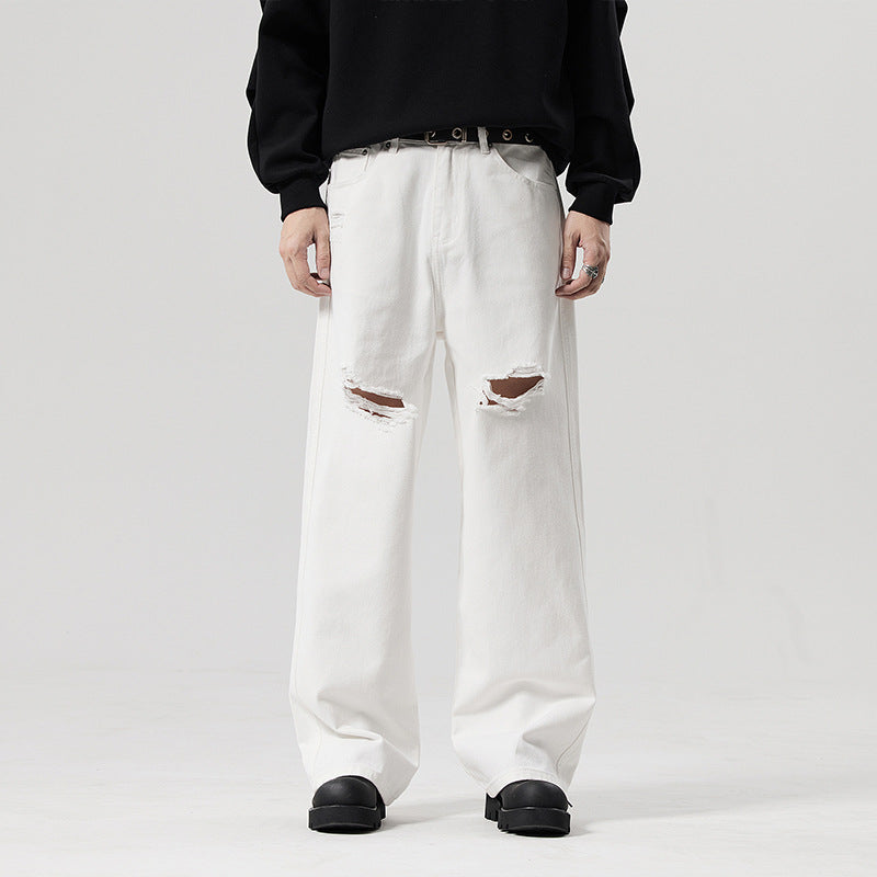 A straight white ripped jeans fashion trendy long pants