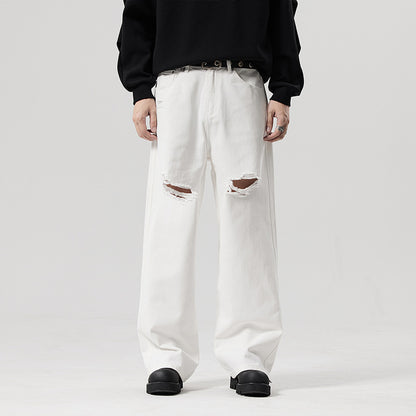 A straight white ripped jeans fashion trendy long pants