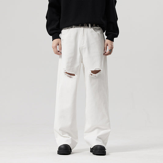 A straight white ripped jeans fashion trendy long pants