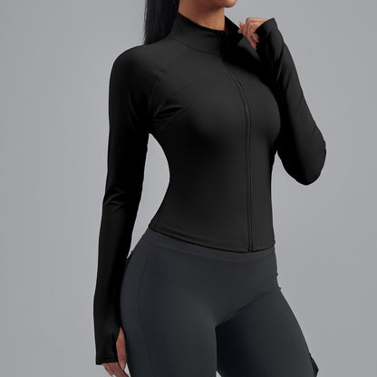 A European and American large size zipper sports jacket elastic tight sports top European size slim and thin yoga clothes women