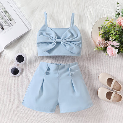A 2024 summer new Japanese and Korean children&#039;s solid color bow suspenders tops and shorts girls&#039; suits. - Mixbatch