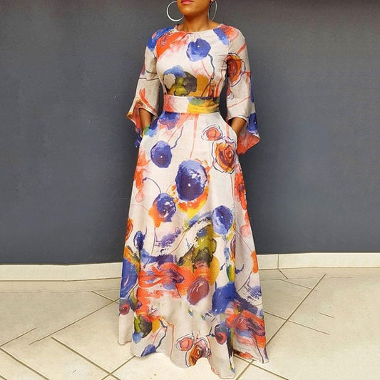 A Mid-waist blue printed long dress waist dress