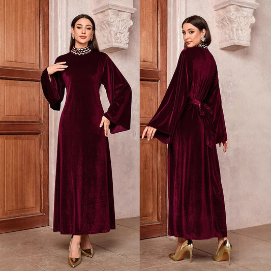 Middle Eastern Muslim Saudi Arabia Embroidered Dress Flared Sleeve Belt Zip Blouse - Mixbatch