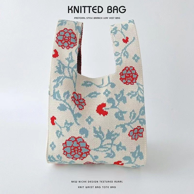 A Internet celebrity handbag women's knitted wool bucket bag Japanese and Korean version versatile hand carry casual tote bag box lunch bag y