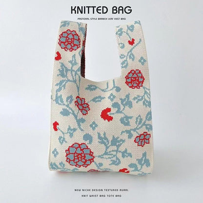 A Internet celebrity handbag women's knitted wool bucket bag Japanese and Korean version versatile hand carry casual tote bag box lunch bag y