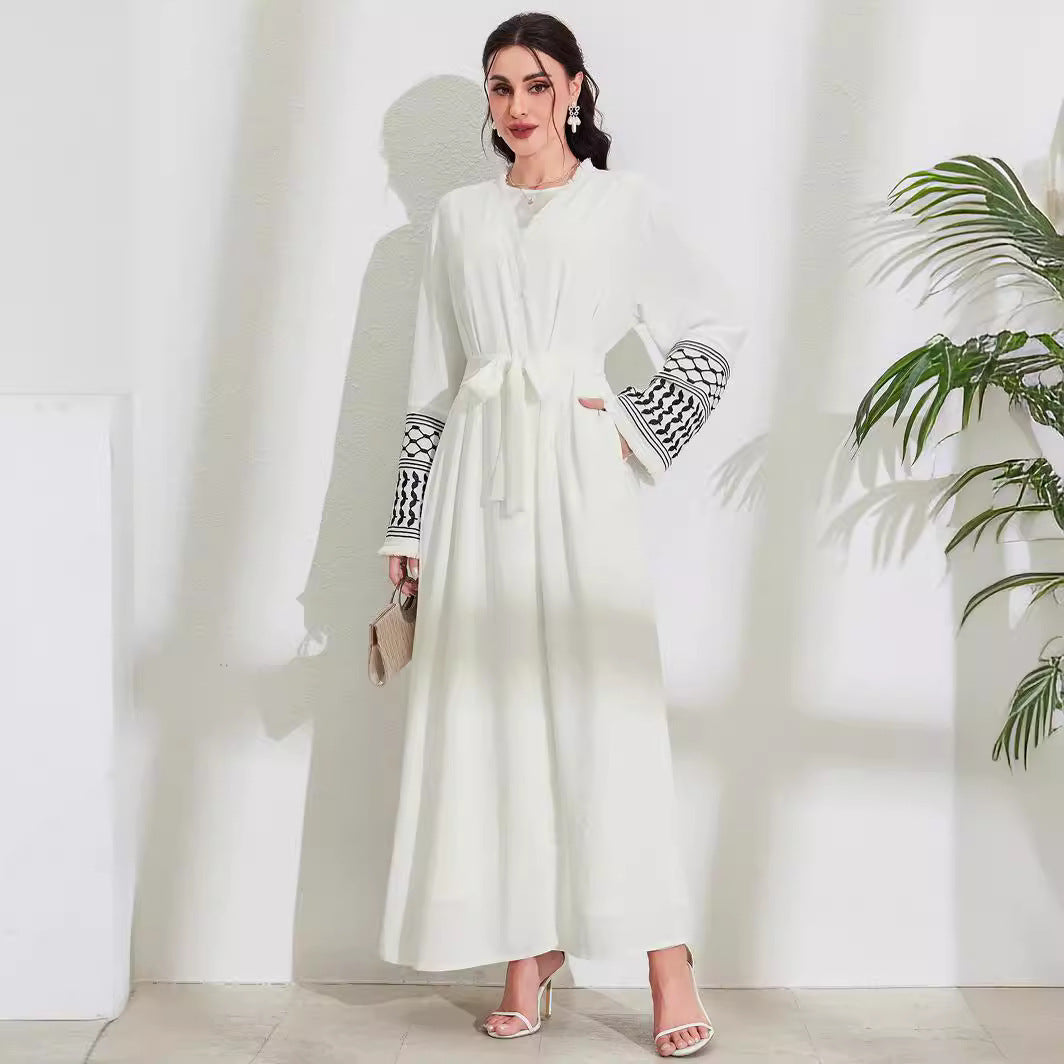 Women's Middle Eastern Muslim Clothing Elegant Pocket Cardigan Embroidered Contrast Dress Belt Robe - Mixbatch