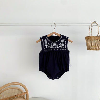 A ins summer cool navy embroidered collar sleeveless vest jumpsuit baby girl baby bag fart clothes climbing clothes - Mixbatch