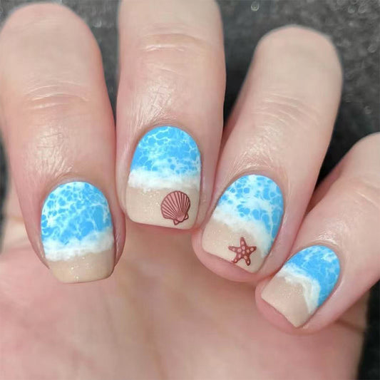 A short matte cool summer blue waves starfish shells cute cross-border wear Europe and America wear armor removable 24 pieces - Mixbatch