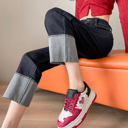 A Contrast color curling straight denim nine-point pants women