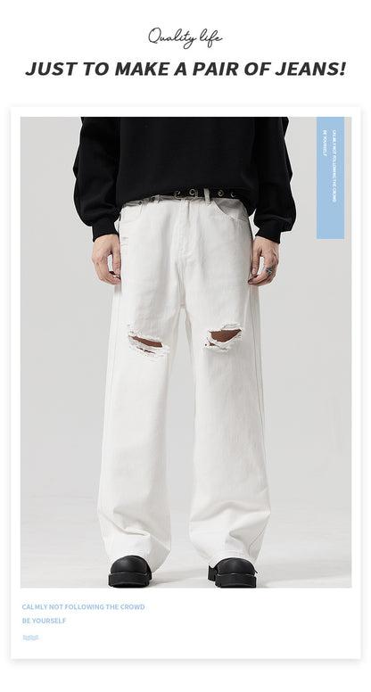 A straight white ripped jeans fashion trendy long pants