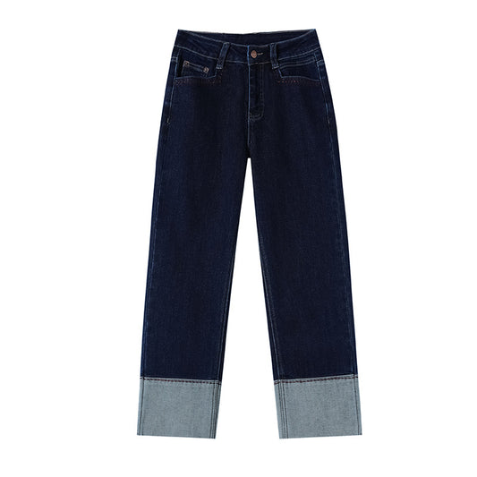 A Contrast color curling straight denim nine-point pants women