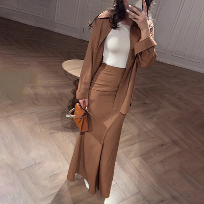 A Autumn Casual Fashion Comfortable Shirt High Waist Hip Wrap Slim Skirt Set