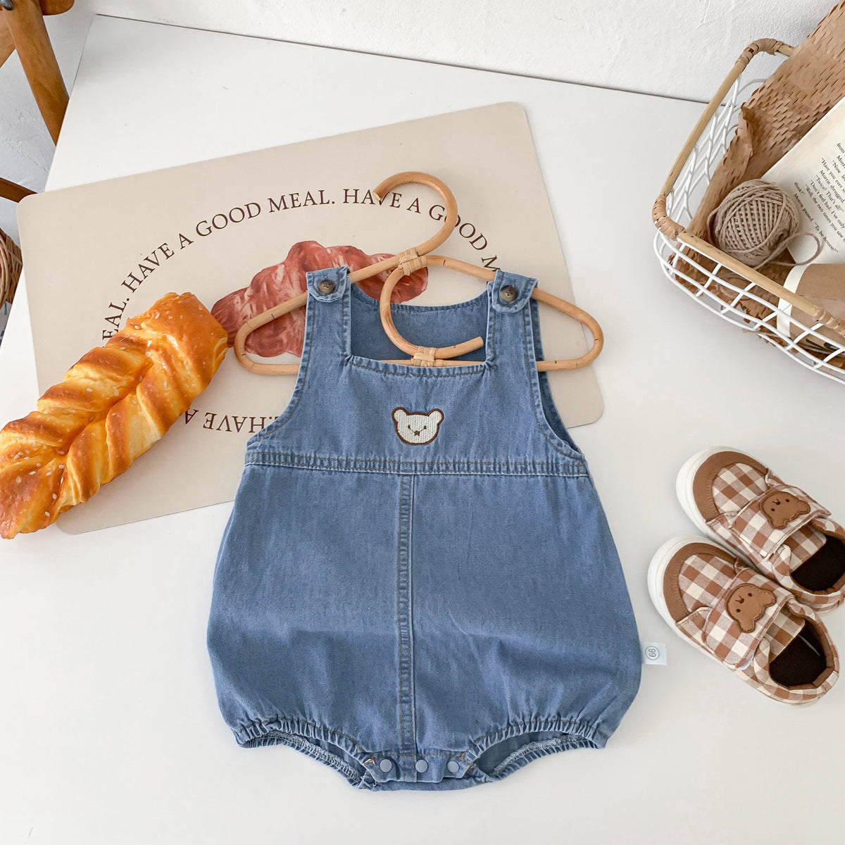 A South Korean children's clothing summer cartoon teddy bear bag fart jacket ins baby shoulder strap triangle jumpsuit - Mixbatch