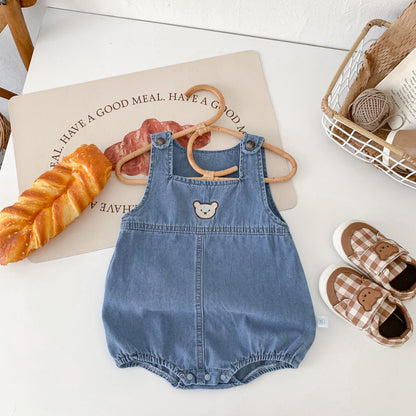 A South Korean children's clothing summer cartoon teddy bear bag fart jacket ins baby shoulder strap triangle jumpsuit - Mixbatch