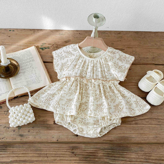 A Baby Bodysuit 2024 New Product Girl's Crepe Fragmented Flower Flying Sleeves Sweetheart Newborn Korean Edition Western Climbing Outwear - Mixbatch