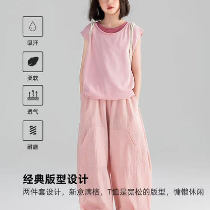A girls sleeveless vest summer new dopamine solid color loose fashion base two-piece combination top