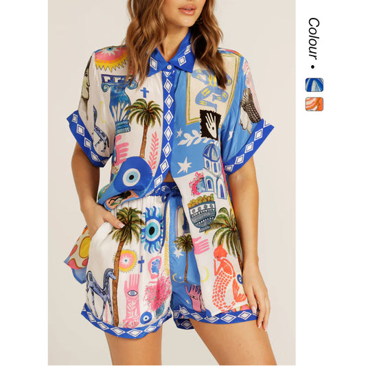 A summer cross-border fashion and casual versatile positioning printed cardigan shirt shorts set 68657