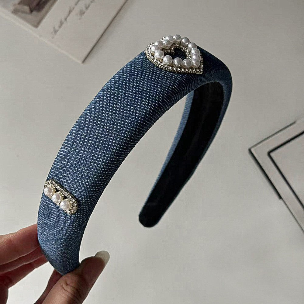 A Denim Blue High Cranium Headband Spring and Summer Daily Out Temperament Hair Accessories Premium Sense Wide Edge Headband
