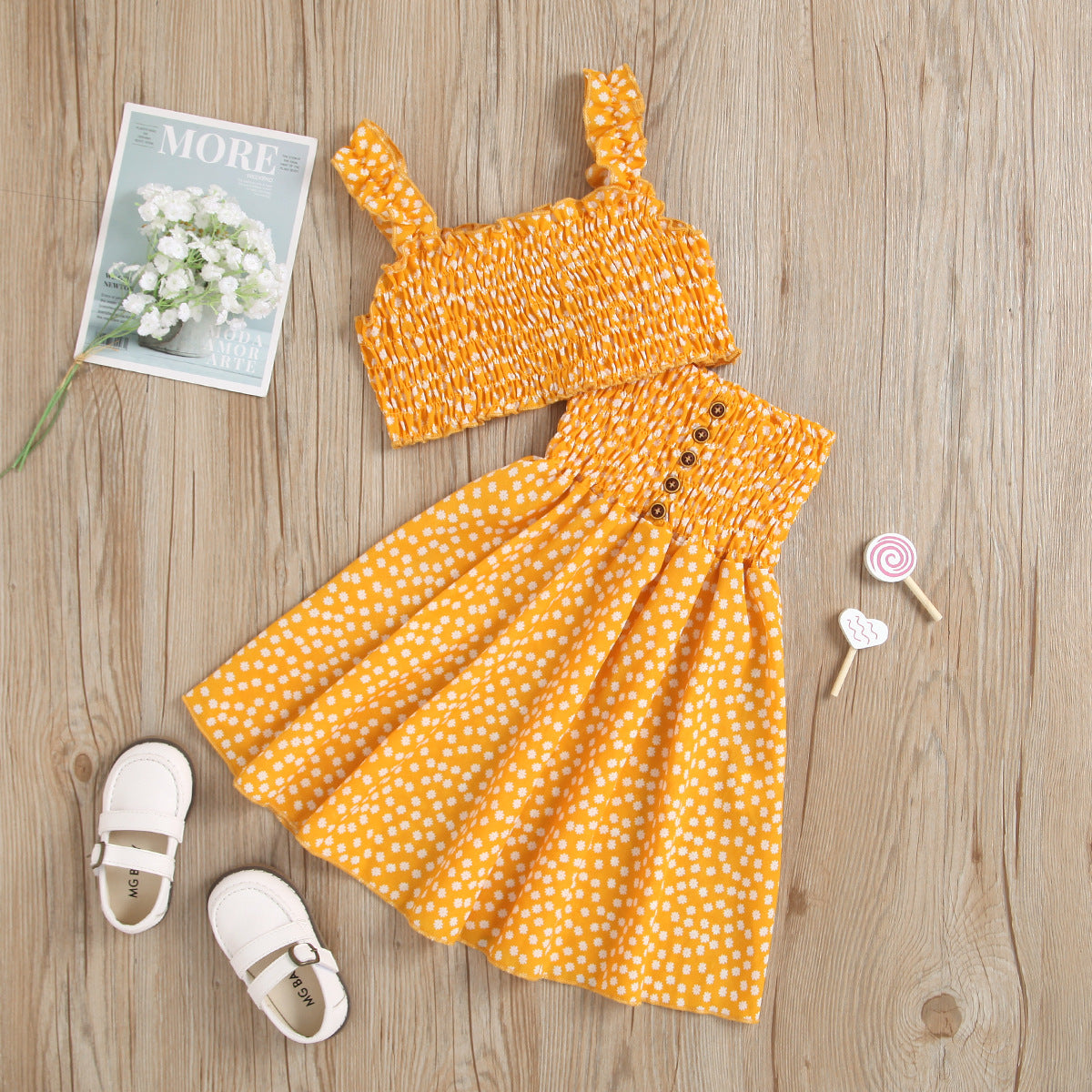 A European and American cross-border new products girls floral sling top + flower printing pleated skirt two-piece set