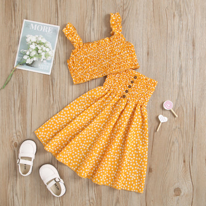 A European and American cross-border new products girls floral sling top + flower printing pleated skirt two-piece set