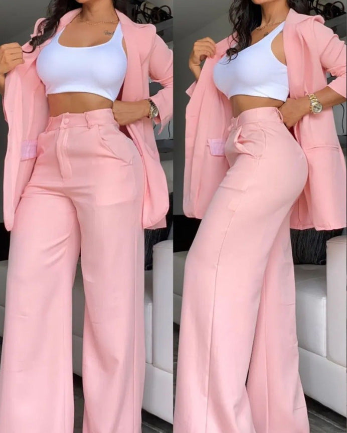 A women's temperament elegant solid color split sleeve lapel suit pocket straight pants suit - Mixbatch