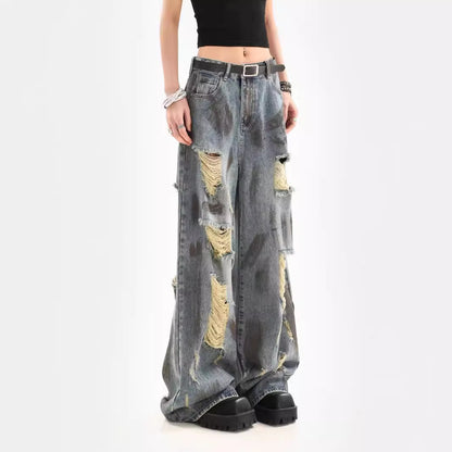 A old retro ripped jeans women's summer new American loose drape wide leg pants tide
