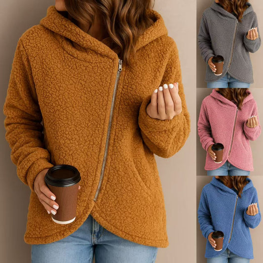 A long-sleeved zip-up hooded jacket