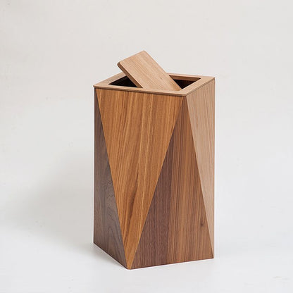 A wooden trash can