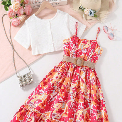 A  floral full print lotus leaf edge suspender skirt short short sleeve top girls two-piece set
