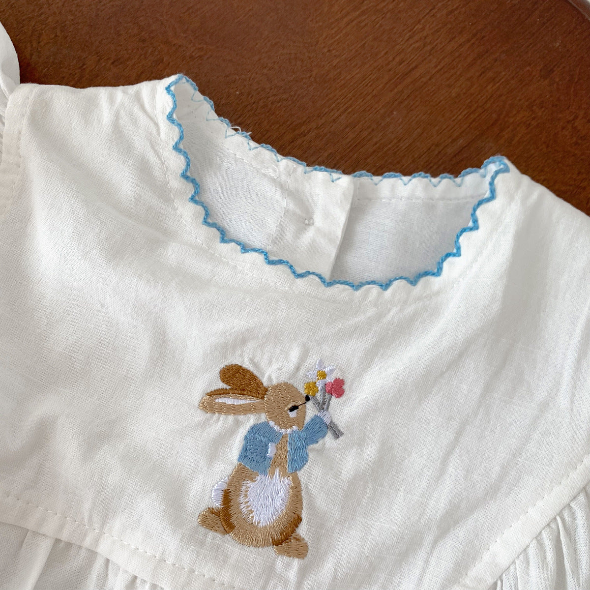 A baby summer new female treasure rabbit embroidery bag fart Ha clothes full moon 100 days clothes flying sleeves princess crawling clothes thin - Mixbatch