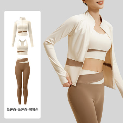 A color matching three-piece nude yoga suit running waist fitness suit women