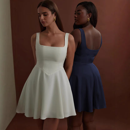 European and American cross-border women's clothing spring and summer new solid color slim temperament elegant square neck vest off-the-shoulder dress - Mixbatch