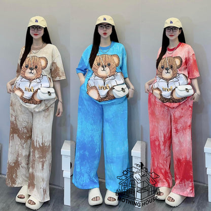 A tie-dye fashion suit women's new loose bear print short-sleeved wide-leg pants foreign style fashionable two-piece set summer