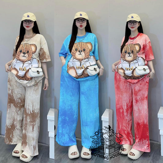 A tie-dye fashion suit women's new loose bear print short-sleeved wide-leg pants foreign style fashionable two-piece set summer
