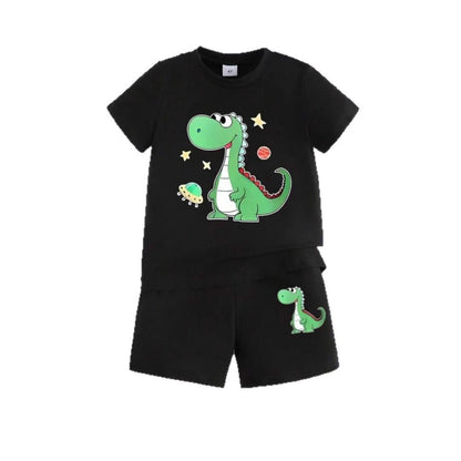 A European, American and foreign trade Amazon summer new hot sale green love dinosaur printing children's clothing set short-sleeved T-shirt shorts