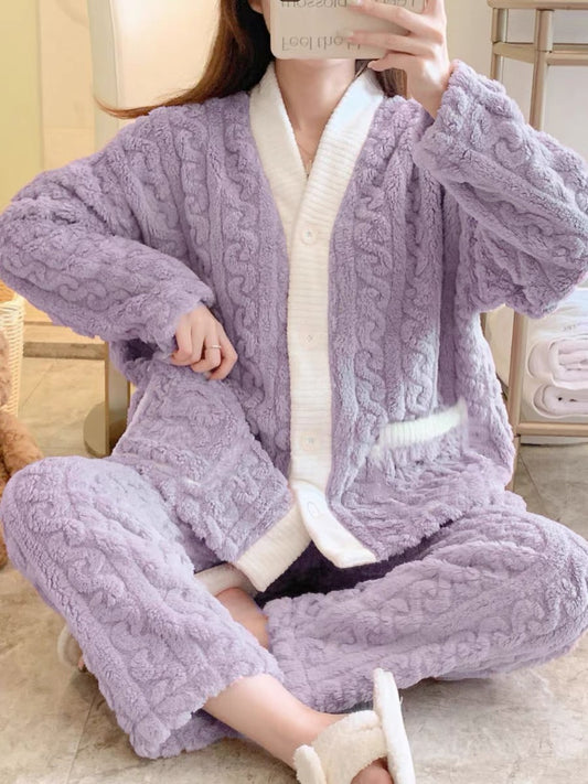 A Autumn and winter pajamas women's high-value fleece thickened can be worn outside loose Korean version of student coral fleece suit loungewear - Mixbatch