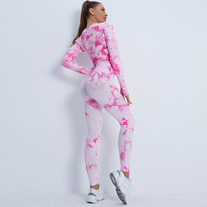 A new seamless yoga suit women's cross-border high-waisted hip-lifting yoga pants tie-dye long-sleeved top fitness sportswear set