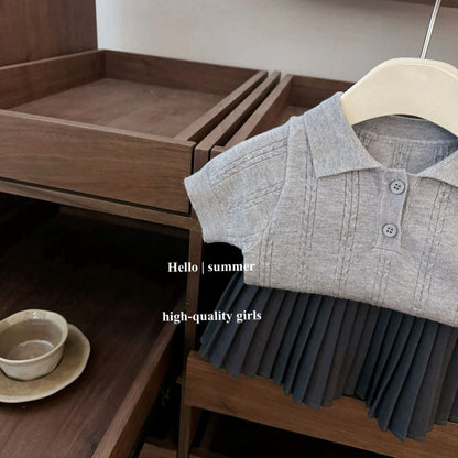 A baby academy style short-sleeved polo needle knitted shirt fashionable pleated skirt set - Mixbatch