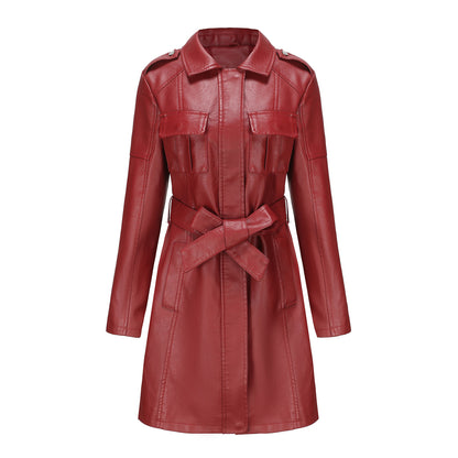 A women's long-sleeved leather jacket