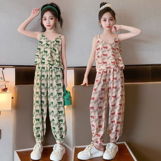 A girls summer suit new girls' older children's foreign style children's sling vest mosquito-proof pants summer two-piece set trendy