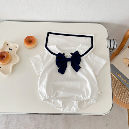 A baby summer new girl baby western-style college wind lapel bow Harbin clothes newborn triangle climbing suit - Mixbatch